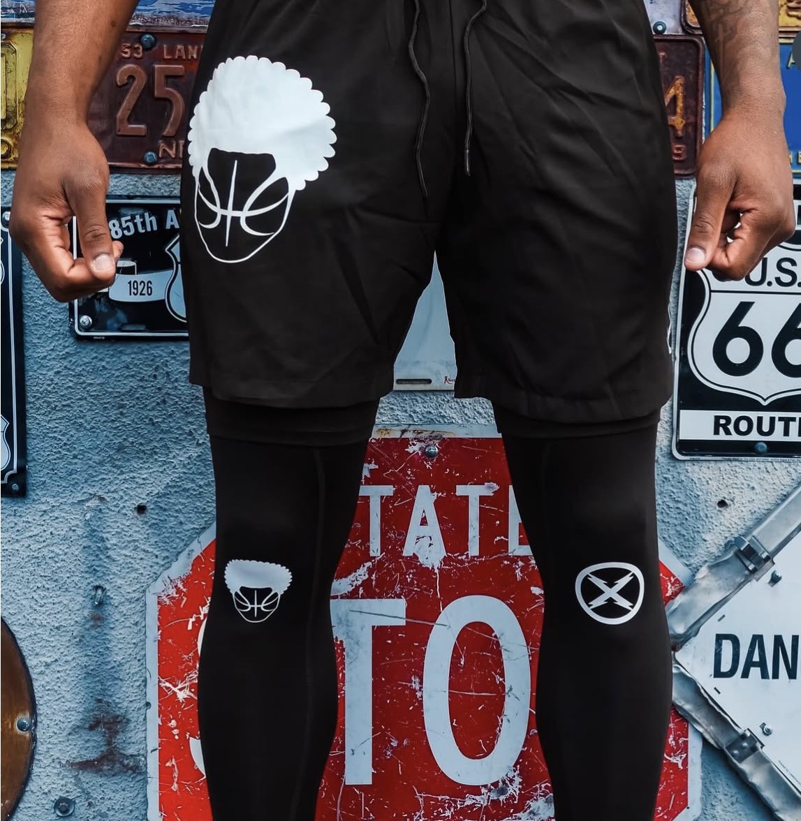 Black Ball Head Hoops compression tights worn under shorts with knee logos