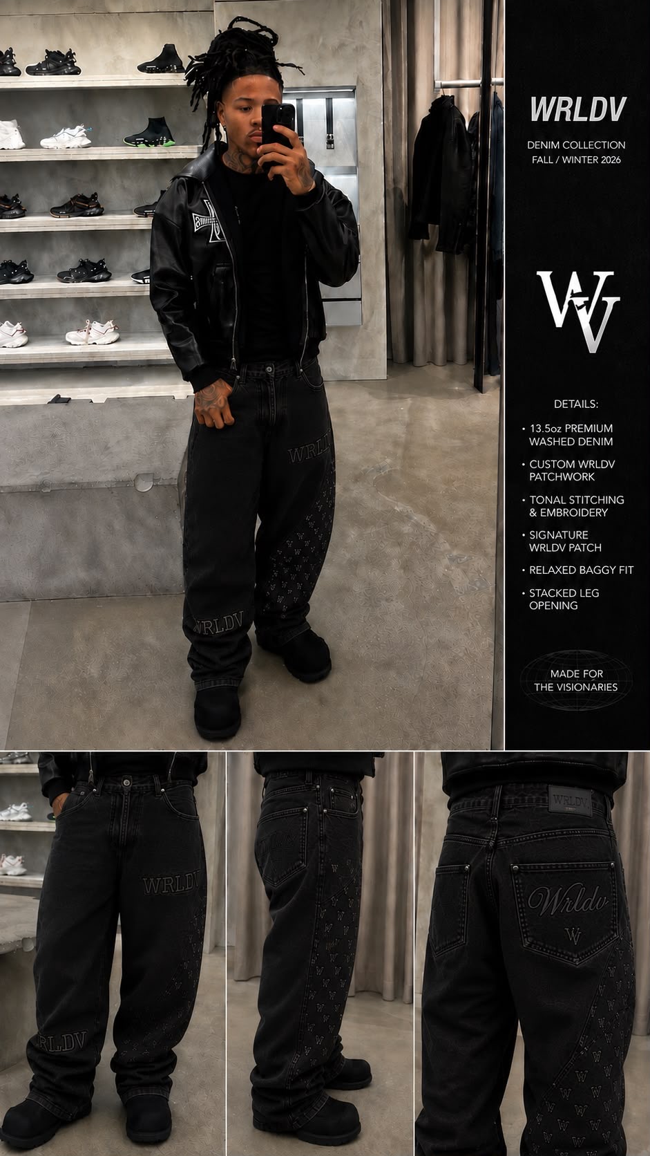 WRLDV Denim — Washed Black from the BallHead x WRLD Vizion World Vision Collection