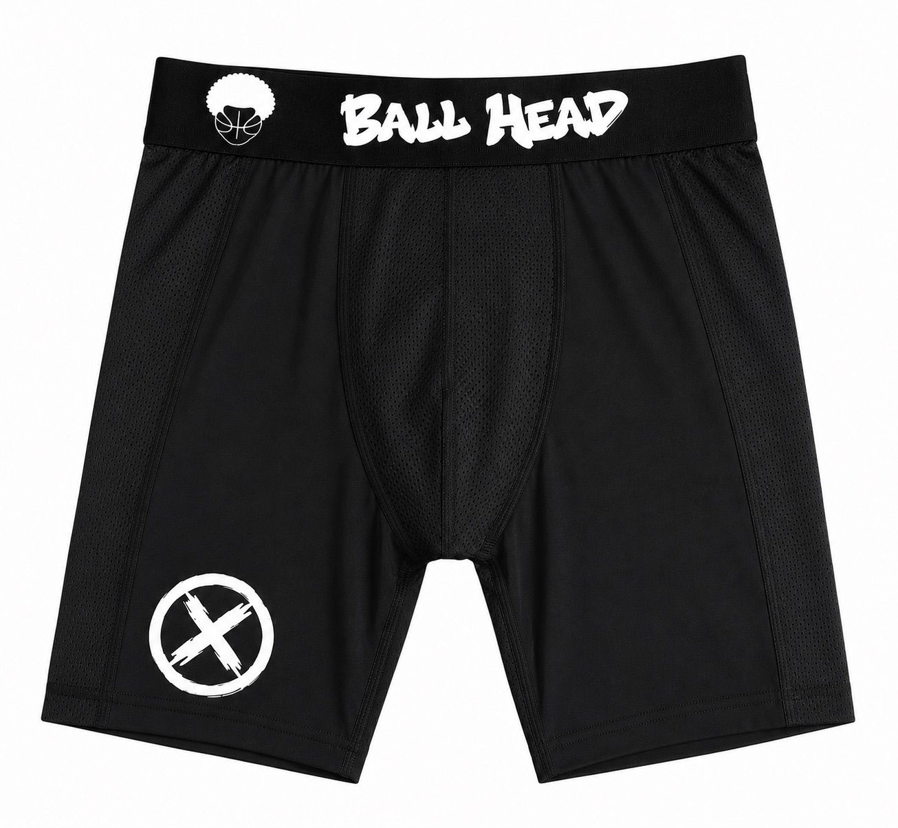Black BallHead compression shorts with BallHead waistband and X mark