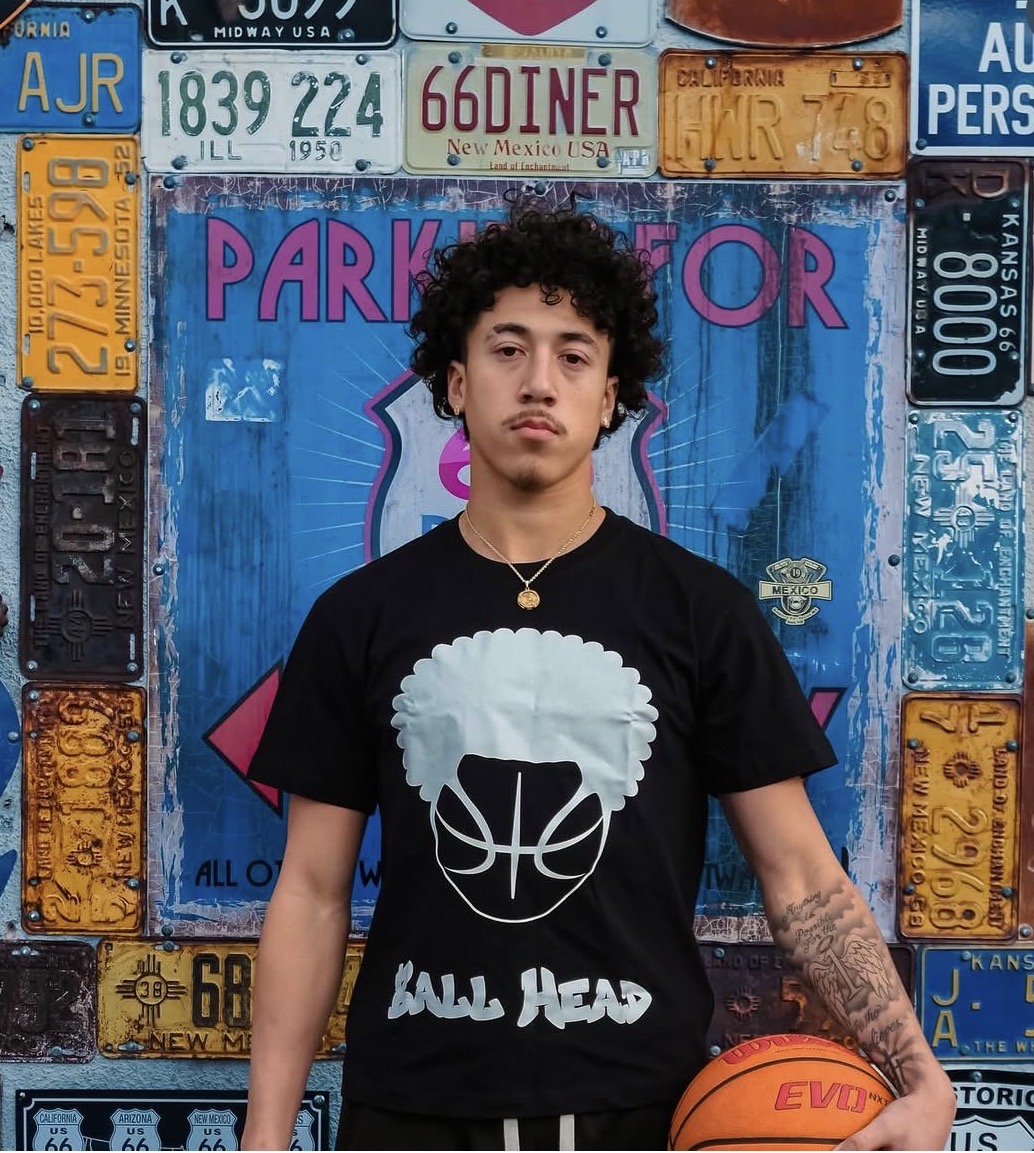 Black Ball Head Hoops tee with white afro basketball logo and Ball Head wordmark