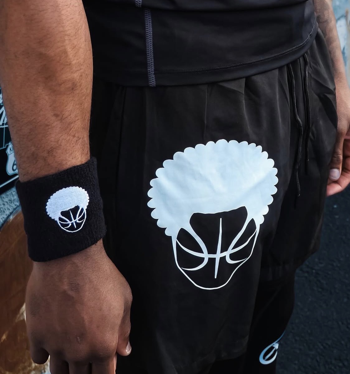 Black Ball Head Hoops band with embroidered white afro basketball logo